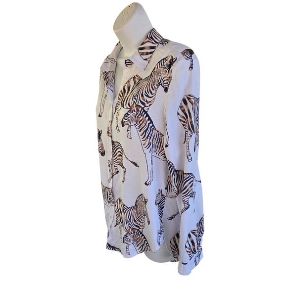 Jane + Delancy Zebra Animal Print Linen Blend Blouse M Long Sleeve or Roll Tab - Picture 12 of 16